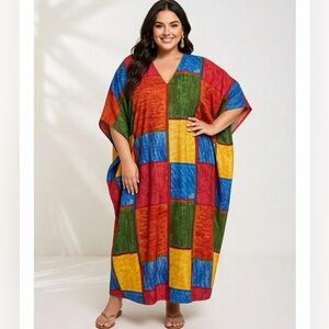 Winlar Block Colors Bright Night Gown House Dress Beach Flowy Long Oversize Flaw